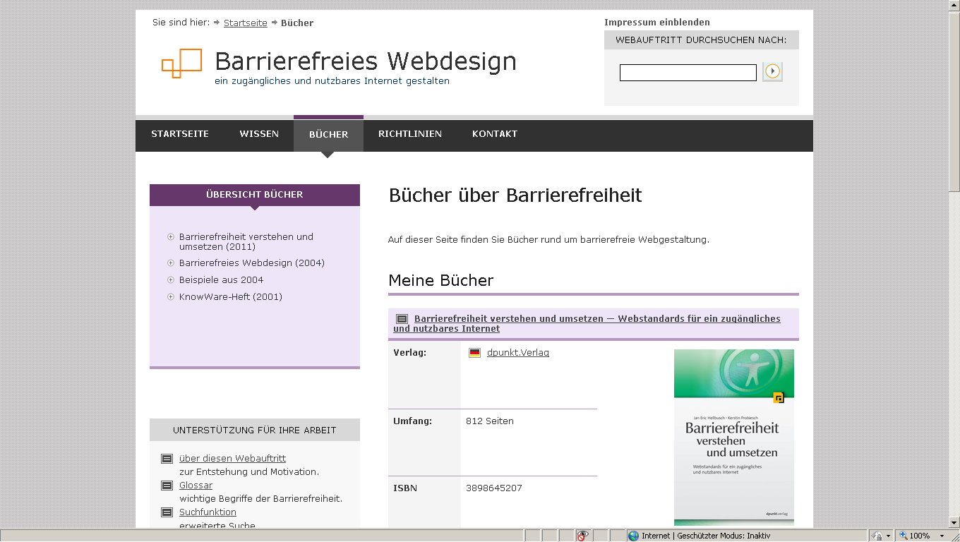 Darstellung der Seite 'Bücher' bei Seitenzoom 100% und 1360px Bildschirmbreite