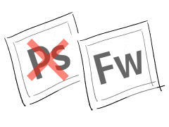 Illustration: Photoshop-Logo durchgestrichen, daneben das Fireworks-Logo