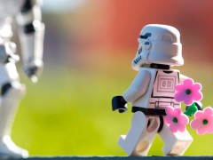 Kleiner Storm Trooper bringt Blumen als Geschenk mit