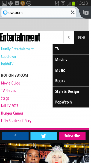 Mobiles Menü auf dem Smart-Phone bei Entertainment Weekly