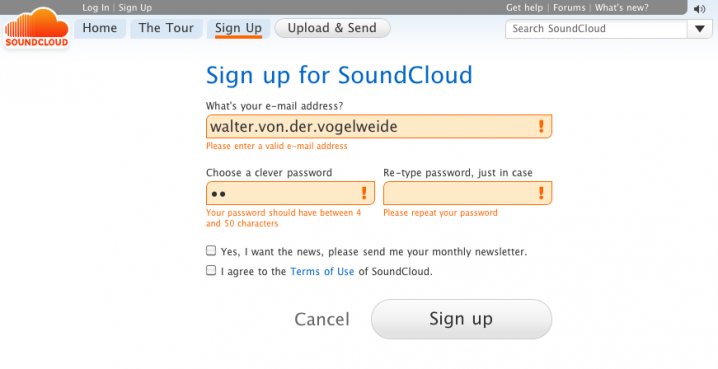 Signup-Formular auf Soundcloud