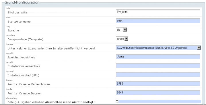 Abb. 8: Administrationsbereich in einem DokuWiki mit farblicher Kennzeichnung verschiedener Typen von Steuerelementen