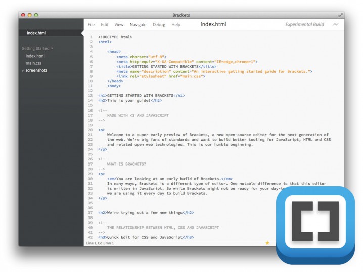 Der Startbildschirm von Adobe Brackets