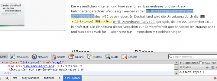 Analyse eines Links: Im A-Element ist ein IMG-Element und der Linktext zu sehen