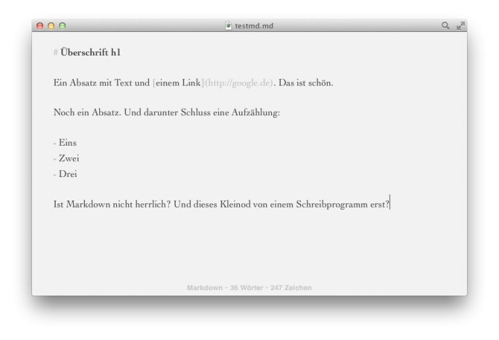Screenshot: Byword mit einem geöffneten Markdown-Dokument