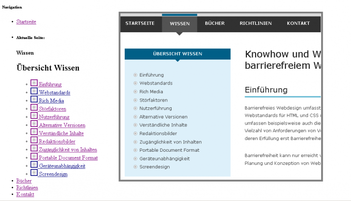 Darstellung der Navigation mit und ohne CSS