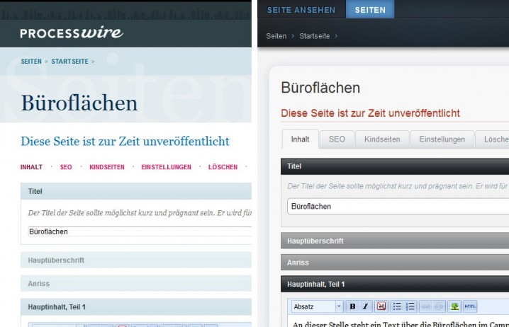Vergleich des Original-Backend-Themes von ProcessWire mit dem Teflon Admin Theme