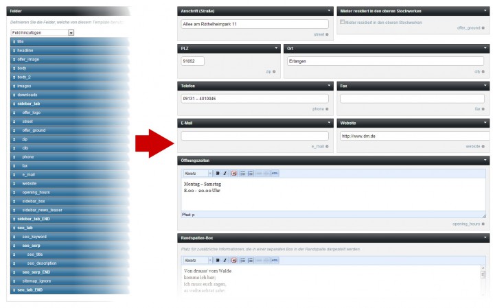In jedem Template lassen sich die Felder individuell anordnen und auf verschiedene Tabs aufteilen.