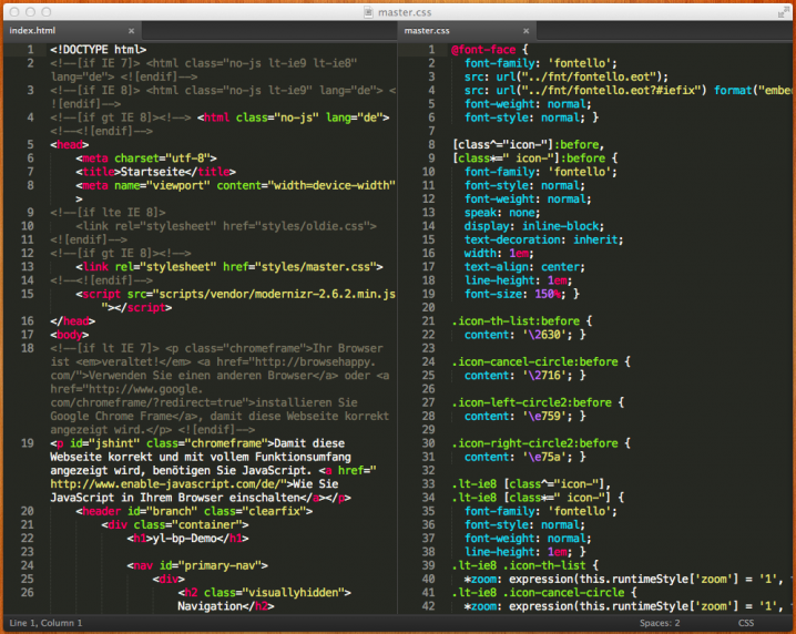 Das Editorfenster aufgeteilt in 2 Spalten, die unterschiedliche Dateien anzeigen