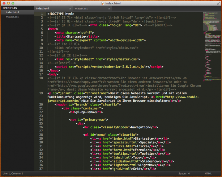 Das Editorfenster von Sublime Text 2 mit Seitenleiste und Minimap