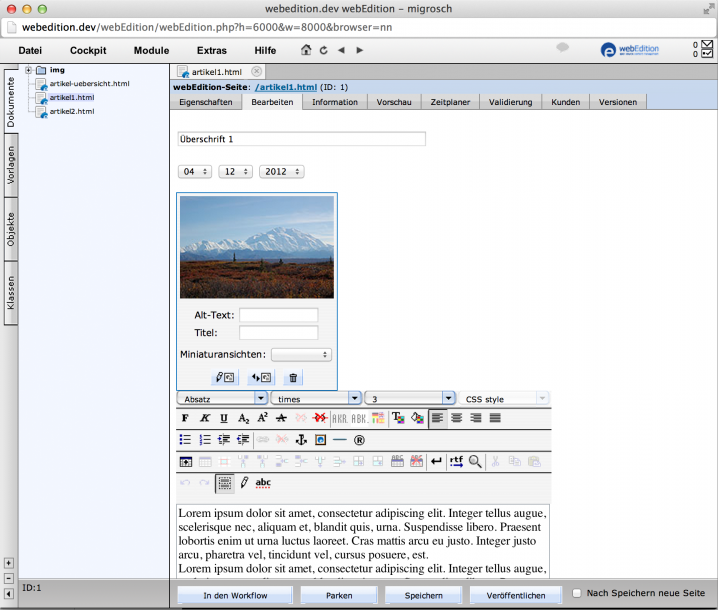 webEdition - Screenshot Backend Artikel