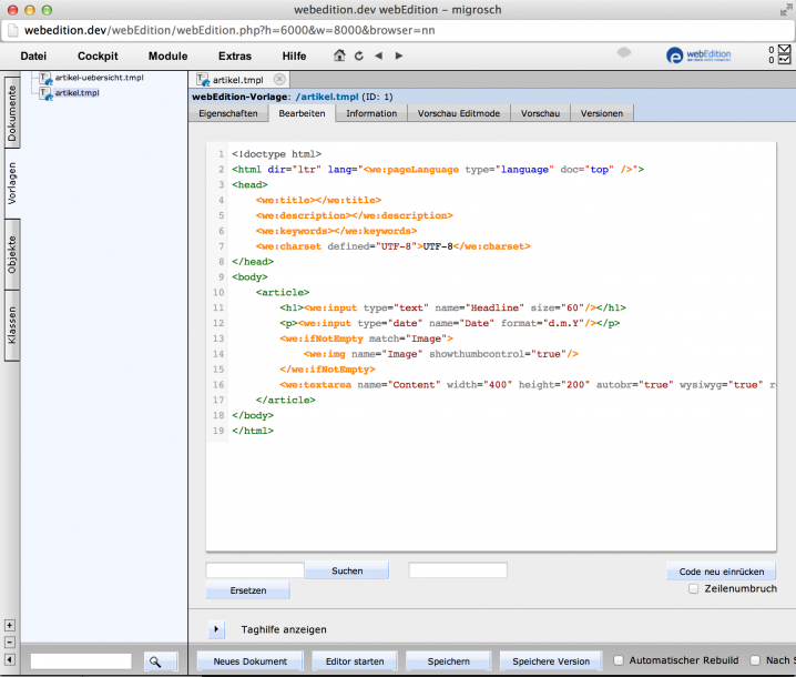 webEdition - Screenshot Template Artikel