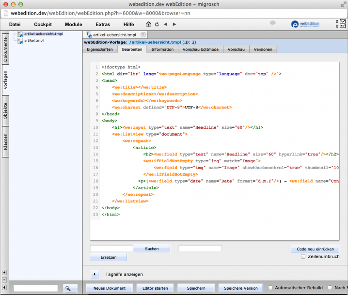 webEdition - Screenshot Template Artikel-Übersicht