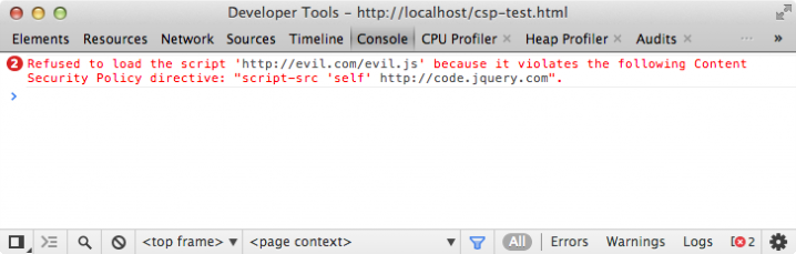 Fehlermeldung bei aktiver CSP in der Konsole der Developer Tools von Google Chrome: "Refused to load the script 'http://evil.com/evil.js' because it violates the following Content Security Policy directive: script-src 'self' http://code.jquery.com".
