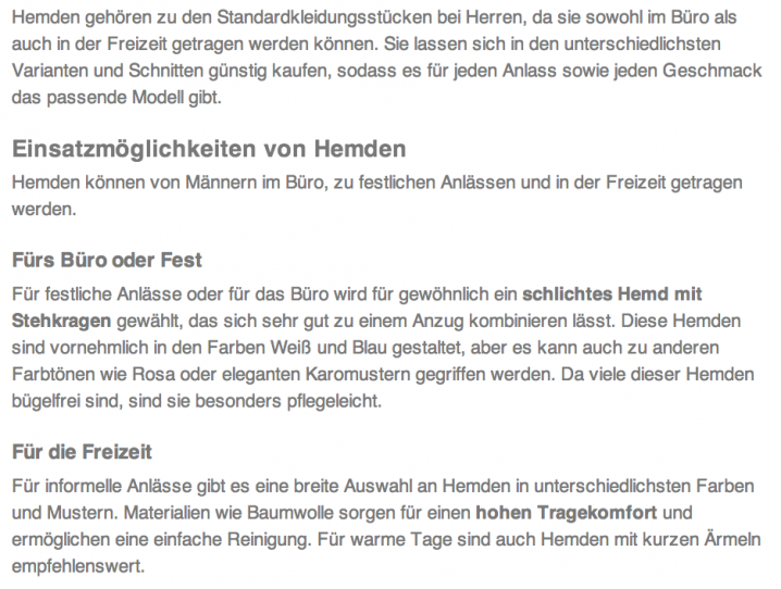 Screenshot eines überflüssigen und profanen Textes über Hemden.
