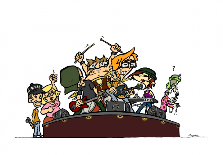 Mr. Kopozky und sein Team als Rockband