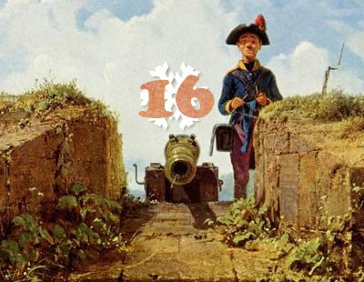 Gemälde (Ausschnitt): Carl Spitzweg, Der strickende Vorposten. 1860. Sammlung Georg Schäfer, Schweinfurt.