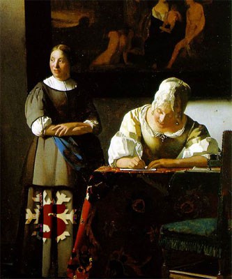 Gemälde (Ausschnitt): Jan Vermeer, Briefschreiberin und Dienstmagd, 1670. National Gallery of Ireland, Dublin.
