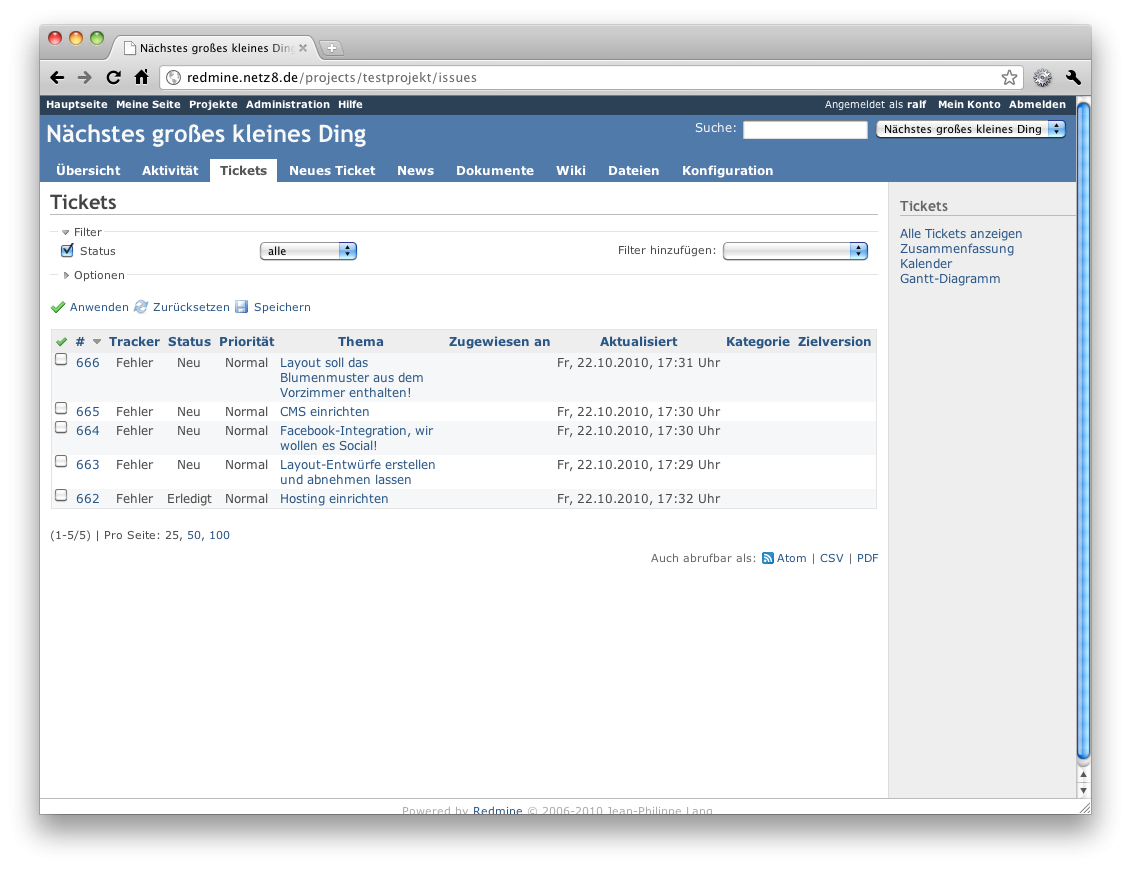Screenshot eines Ticket-Systems