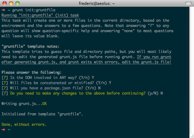 Screenshot der Ausgabe von grunt init:gruntfile