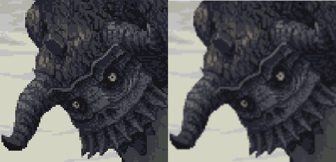 Monstergesicht einmal mit und einmal ohne crisp-edges