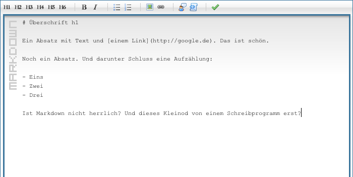 Screenshot: MarkItUp-Komponente mit einem Text in Markdown