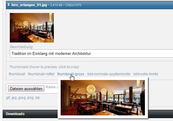 Mithilfe des Erweiterungsmoduls Thumbnails lassen sich für jedes Bilder-Feld dann noch beliebig viele unterschiedliche Bildgrößen und -ausschnitte generieren.