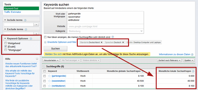 Screenshot des Google Keyword-Tools