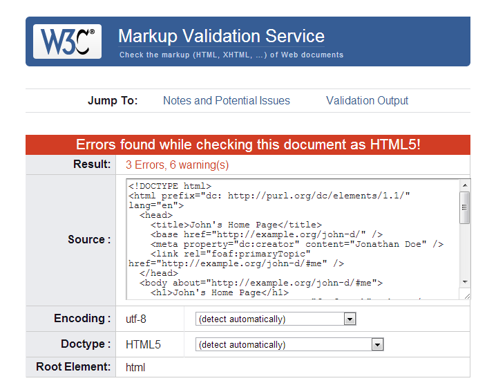 Ergebnis im Validator des W3C