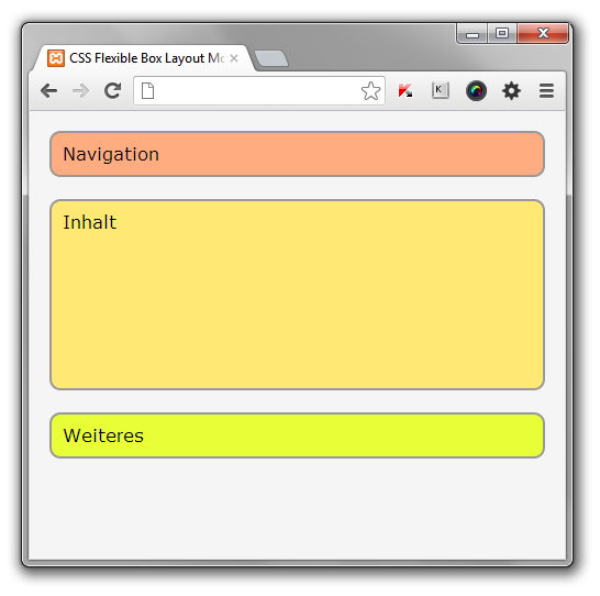Das Browserfenster ist schmaler als in Abbildung 15. Hier werden die Boxen untereinander angezeigt