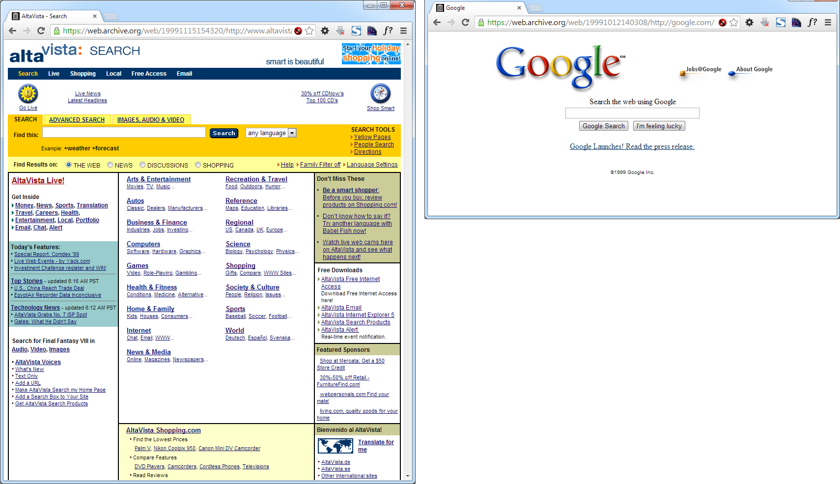 Das 1999er User Interface von AltaVista und Google im Vergleich
