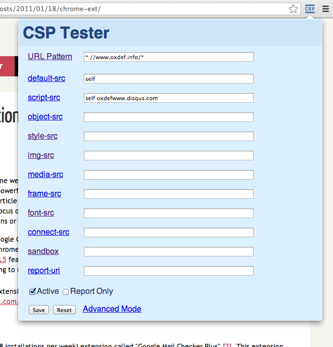 Screenshot der geöffneten CSP-Tester Extension in Google Chrome