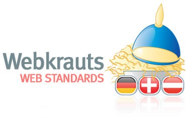 Ein erster Entwurf des Webkrauts-Logos bestand aus einem Topf voller Sauerkraut, gekrönt von einer Pickelhaube. Darunter die Flaggen von Deutschland, Österreich und der Schweiz.