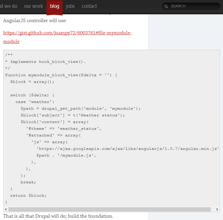 Auf lullabot.com klappt die Code-Box bei einem Hover nach rechts aus