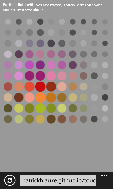 Beispiel 7 – Canvas-Spielerei mit pointermove, touch-action:none und isPrimary Check; funktioniert komplett auf Windows Phone 8 / IE10