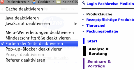 Web Developer Toolbar - Farben der Webseite deaktivieren - Collage
