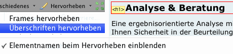 Web Developer Toolbar - Überschriften auf der Webseite anzeigen - Collage